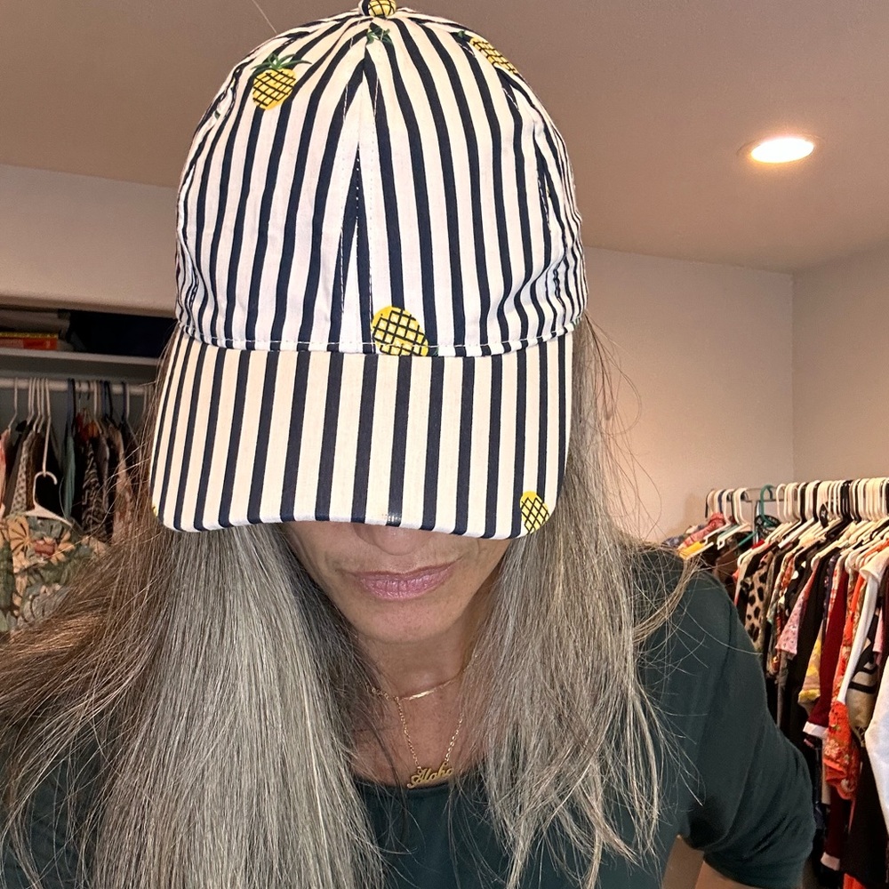 August Hat Co. Striped Pineapple Baseball Cap Navy White Yellow Summer Sun Hat